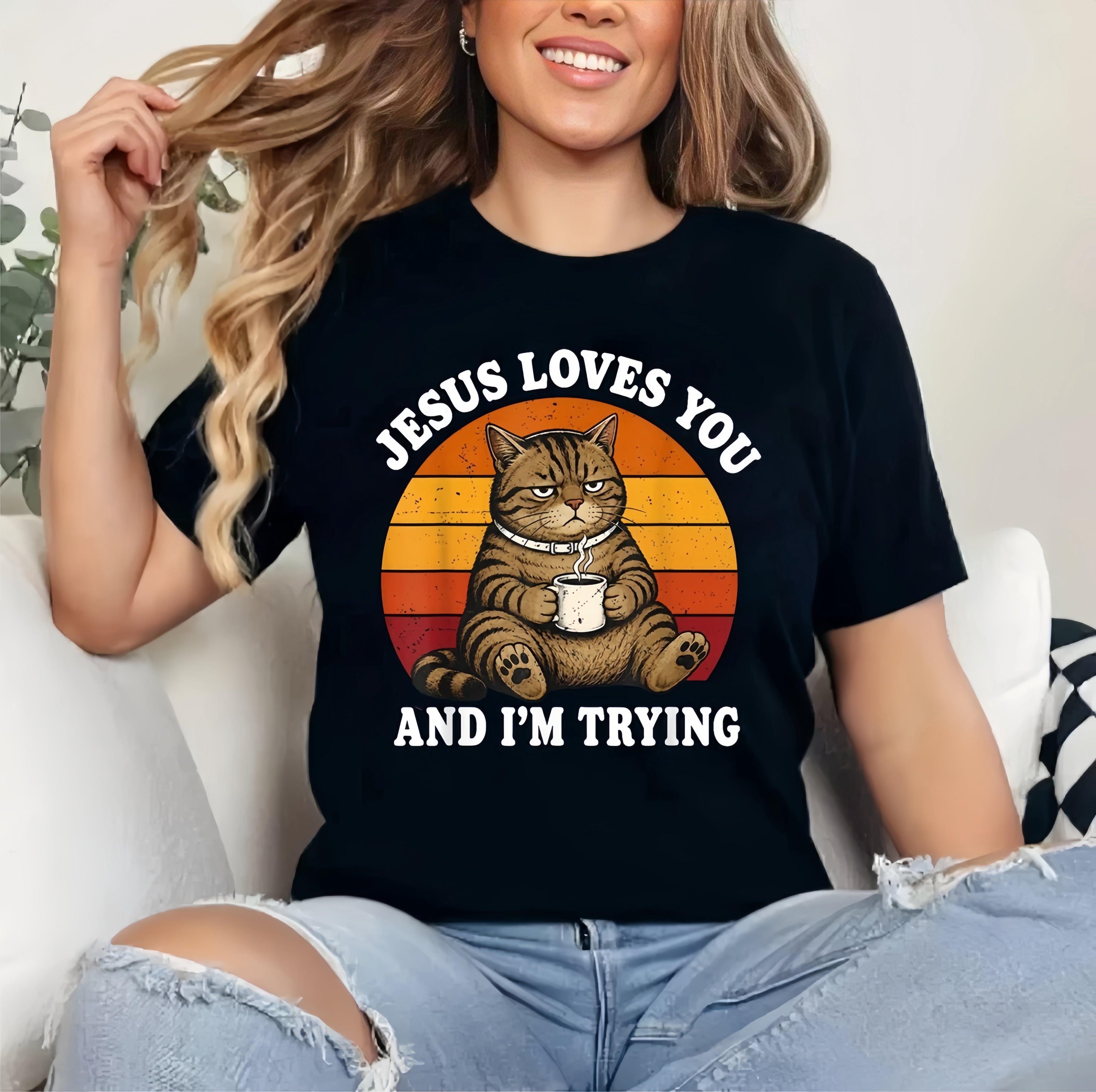 Jesus Loves You and I'm Trying Funny Coffee Cat Unisex T-Shirt