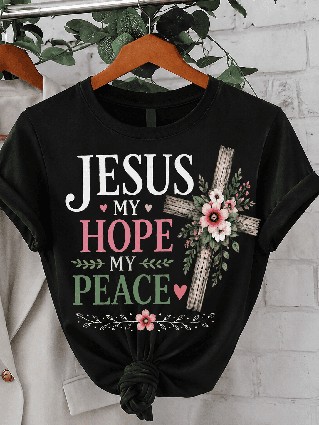 Jesus My Hope My Peace Christian Graphic T-Shirt Floral Cross Faith Inspirational Tee