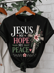 Jesus My Hope My Peace Christian Graphic T-Shirt Floral Cross Faith Inspirational Tee