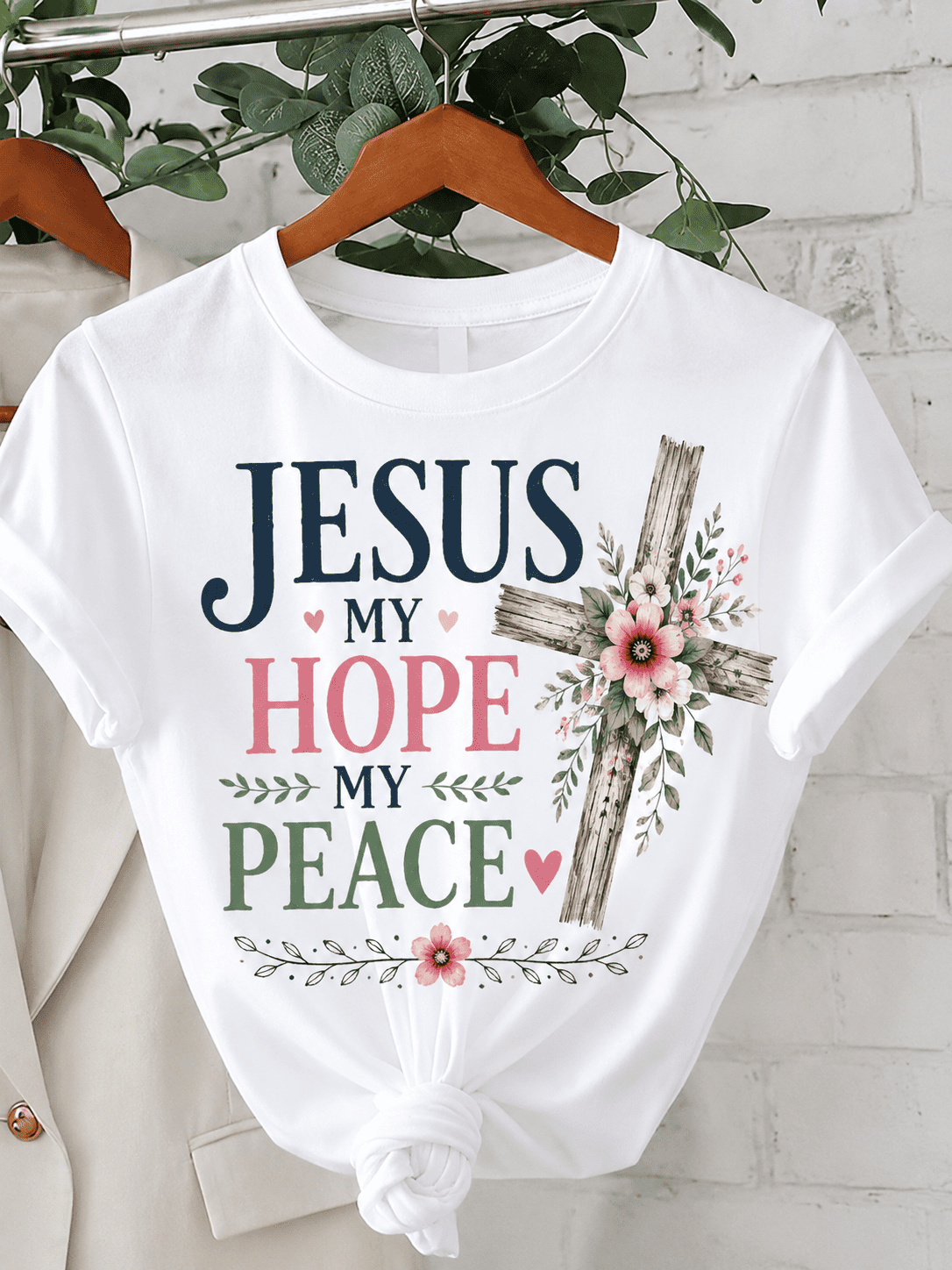 Jesus My Hope My Peace Christian Graphic T-Shirt Floral Cross Faith Inspirational Tee