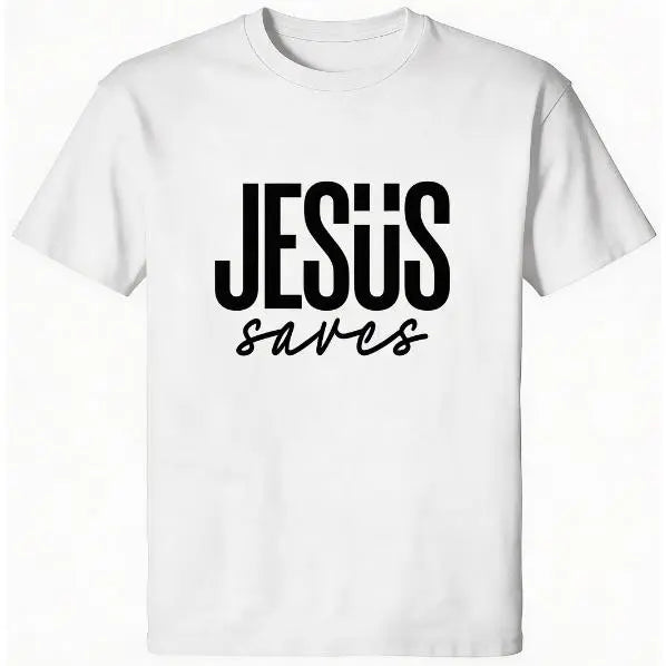Jesus Saves Minimal Letter Graphic Unisex Crew Neck Short Sleeve Cotton T-Shirt