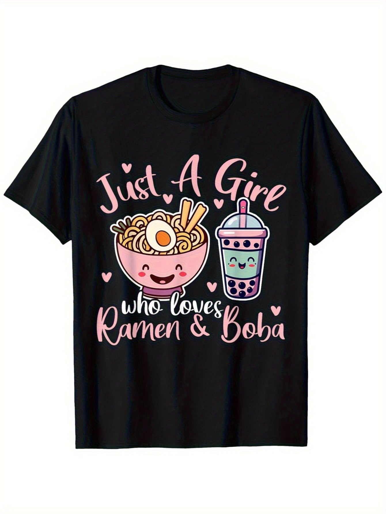 Just A Girl Who Loves Boba Graphic Tee for Women, Cute Bubble Tea Ramen Print Short Sleeve T-Shirt, Soft Casual Crew Neck Top for Daily Wear