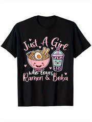 Just A Girl Who Loves Boba Graphic Tee for Women, Cute Bubble Tea Ramen Print Short Sleeve T-Shirt, Soft Casual Crew Neck Top for Daily Wear