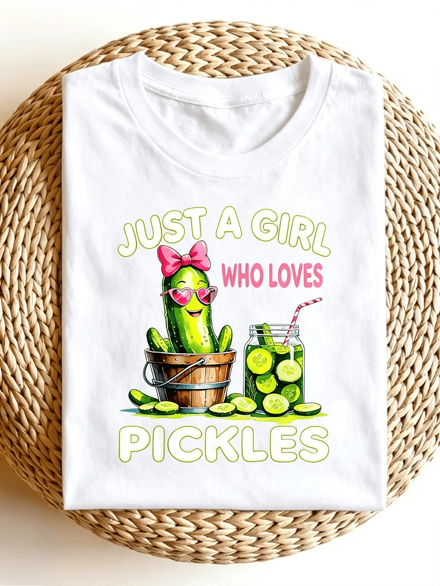 Just A Girl Who Loves Pickles Cartoon Cucumber Graphic Tee, Cute Food Lover Casual Women Short Sleeve T-Shirt