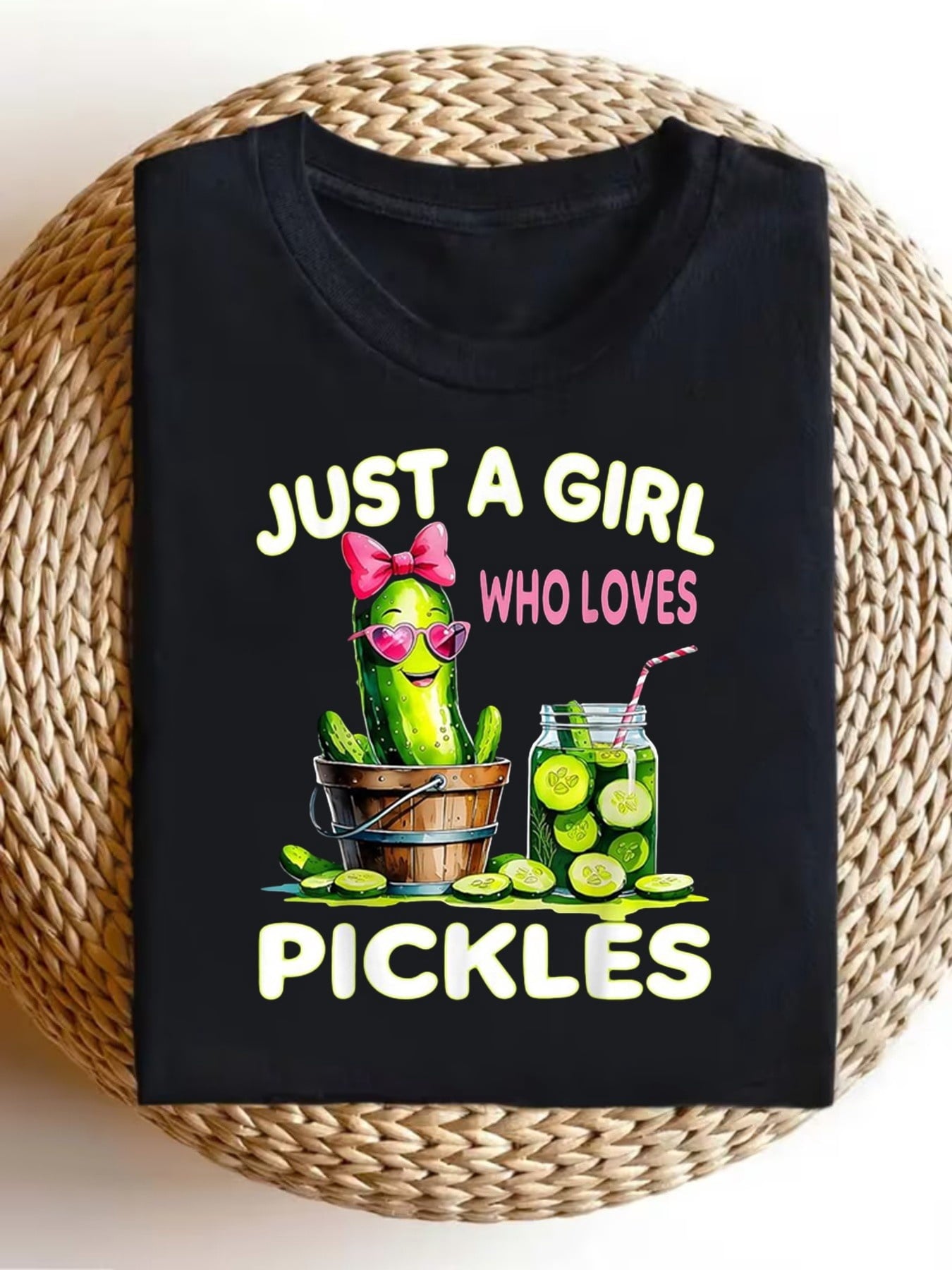 Just A Girl Who Loves Pickles Cartoon Cucumber Graphic Tee, Cute Food Lover Casual Women Short Sleeve T-Shirt
