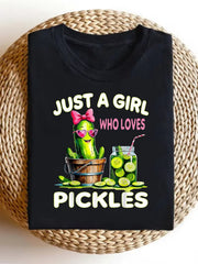 Just A Girl Who Loves Pickles Cartoon Cucumber Graphic Tee, Cute Food Lover Casual Women Short Sleeve T-Shirt