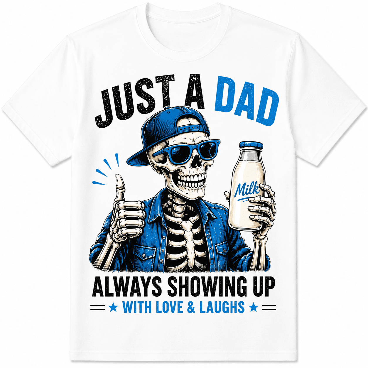 Just A Dad Always Showing Up Funny Skeleton Dad Graphic T-Shirt Cool Father Gift Vintage Skull Milk Bottle Graphic Tee for Men Fathers Day Casual Short Sleeve Shirt