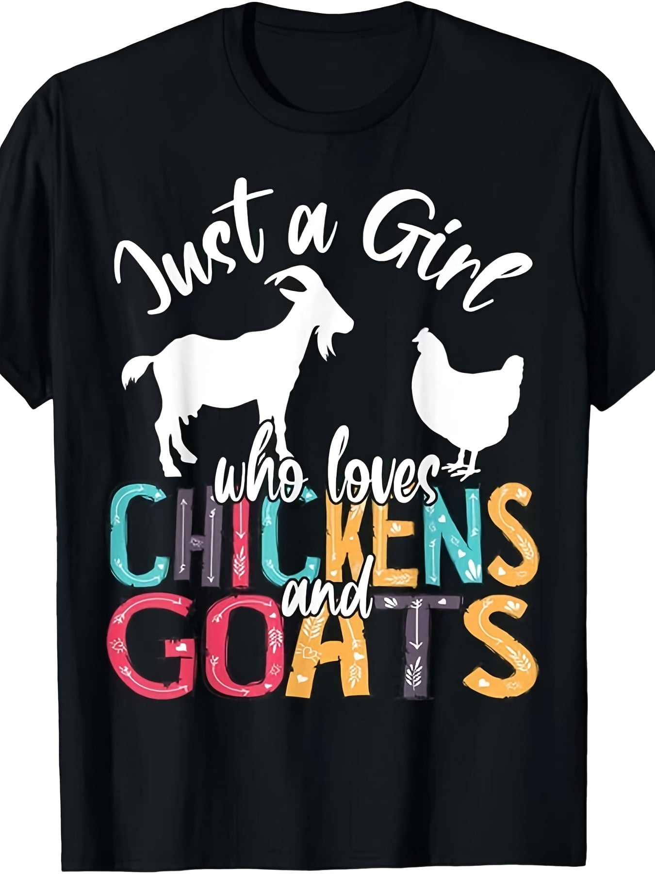 Just A Girl Who Loves Chickens Goats Farmer Graphic Tee for Men Women, Cute Farm Animal Short Sleeve T-Shirt, Casual Crew Neck Top for Country Style Gift