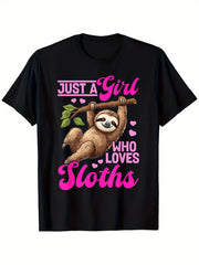 Just A Girl Who Loves Sloths Cute Funny Graphic Tee for Men Women, Adorable Lazy Animal Short Sleeve T-Shirt, Casual Crew Neck Top for Sloth Lover Gift