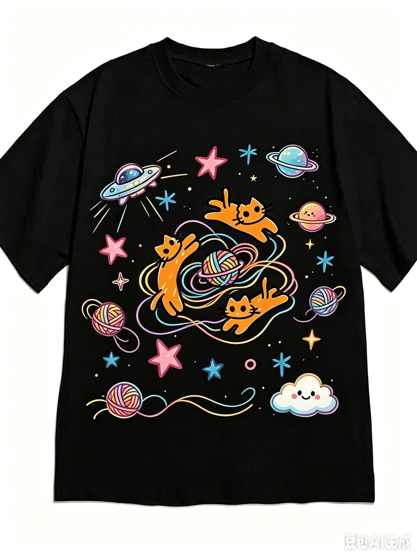 Kawaii Cartoon Galaxy Cat Tshirt, Adorable Flying Kitten UFO Colorful Yarn Ball Planet Star Graphic Tee, Soft Cotton Casual Short Sleeve Shirt for Cat Lovers Gift