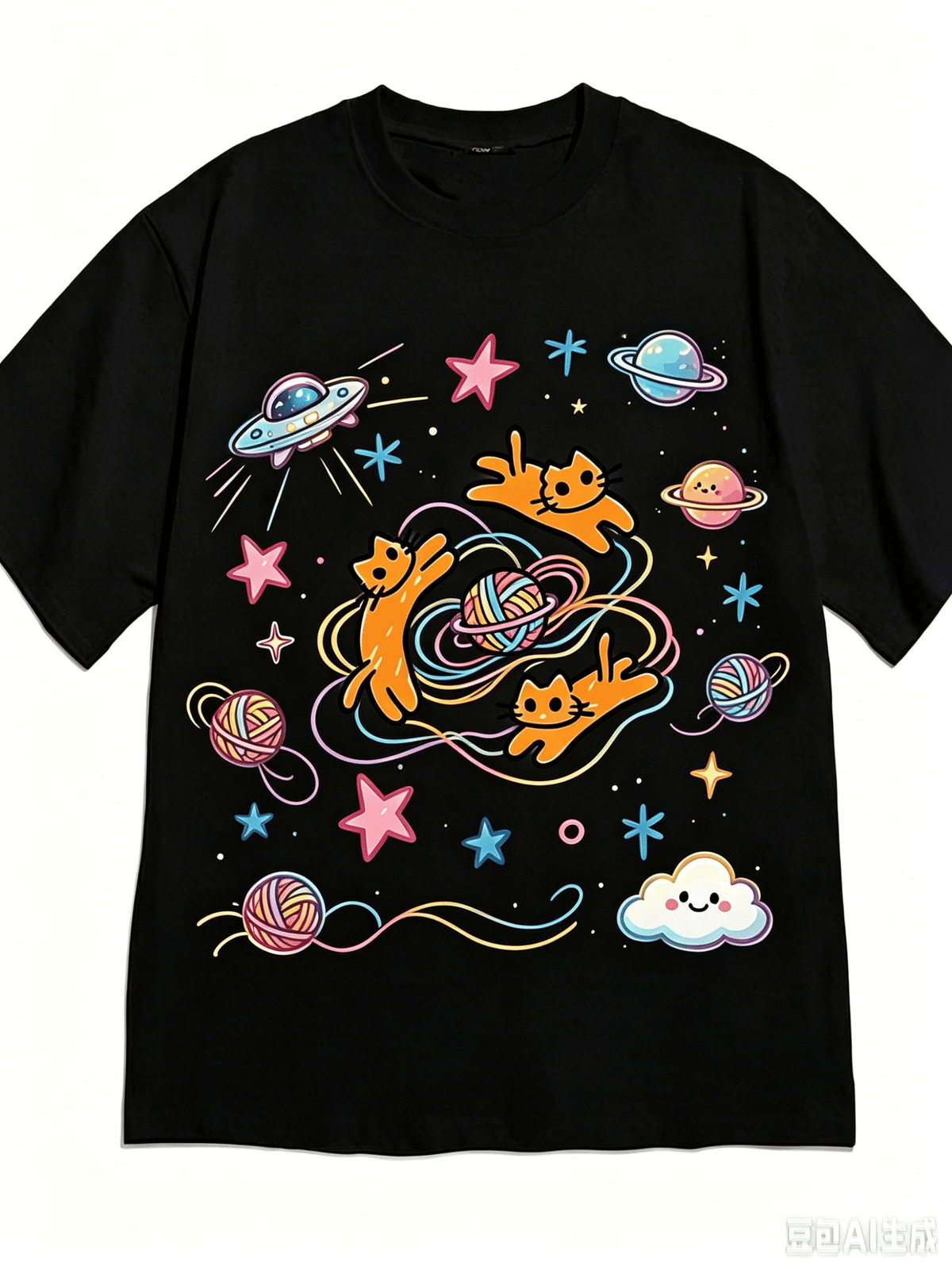 Kawaii Cartoon Galaxy Cat Tshirt, Adorable Flying Kitten UFO Colorful Yarn Ball Planet Star Graphic Tee, Soft Cotton Casual Short Sleeve Shirt for Cat Lovers Gift