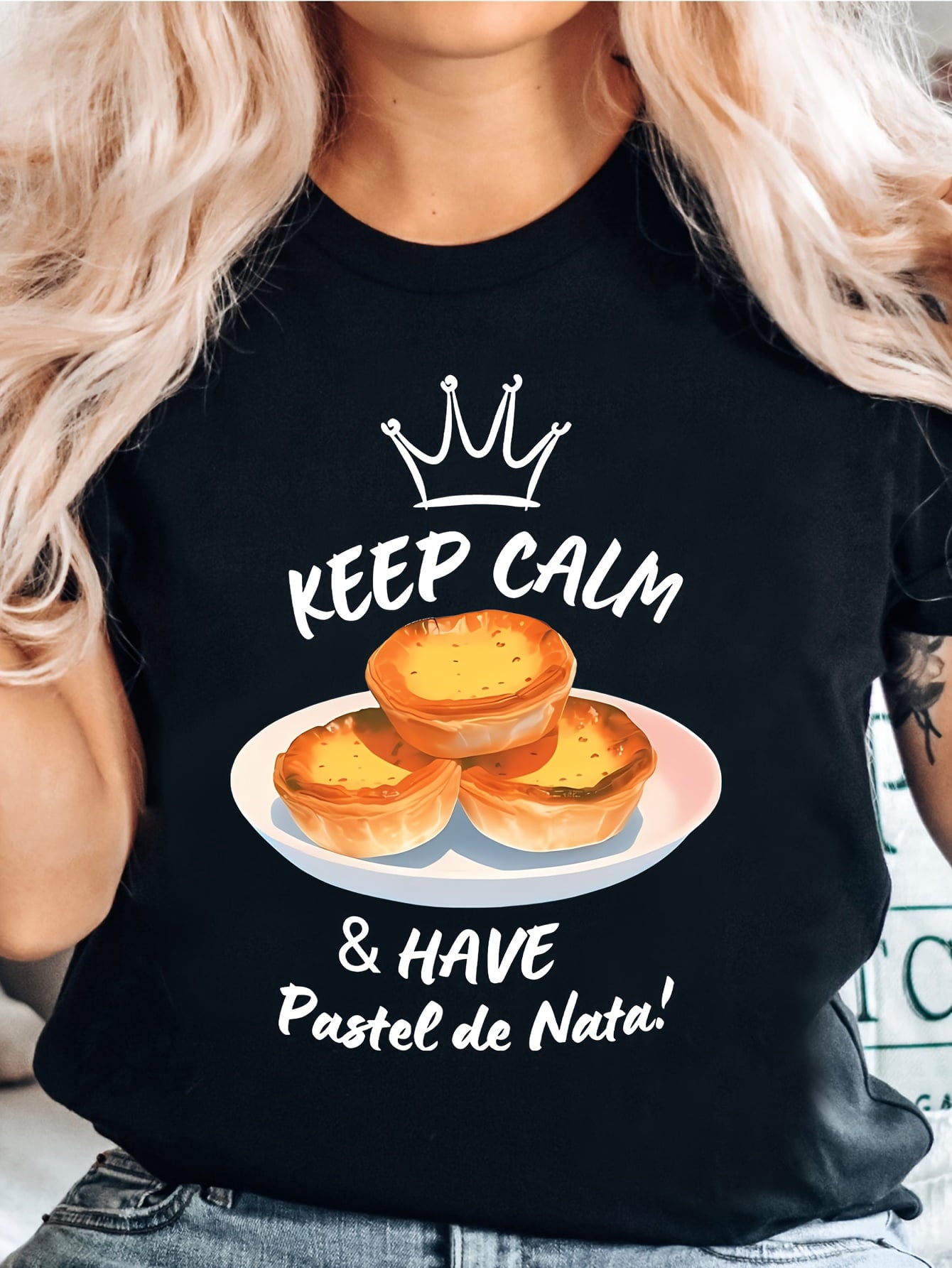 Keep Calm And Have Pastel De Nata Graphic Tee for Women Men, Portuguese Custard Tart Short Sleeve T-Shirt, Funny Food Lover Casual Crew Neck Top for Daily Wear