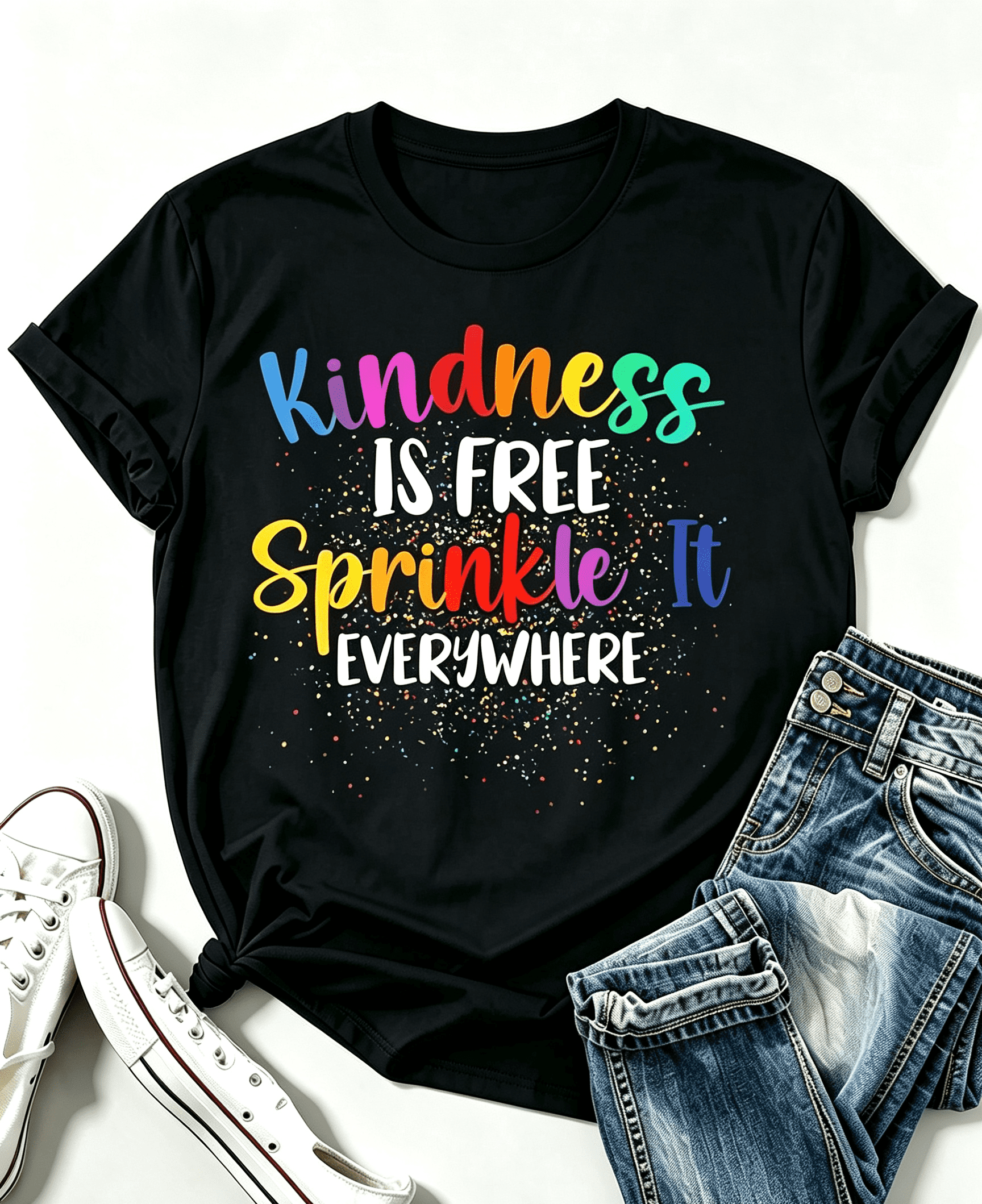 Kindness Is Free Sprinkle It Everywhere Graphic T‑Shirt, Women Inspirational Rainbow Letter Print Crew Neck Short Sleeve Casual Tee