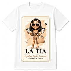 La Tia Graphic T-Shirt for Women, Fashion Aunt Cartoon Tee, Strong Loyal Unstoppable Shirt, Family Gift Short Sleeve Casual Top