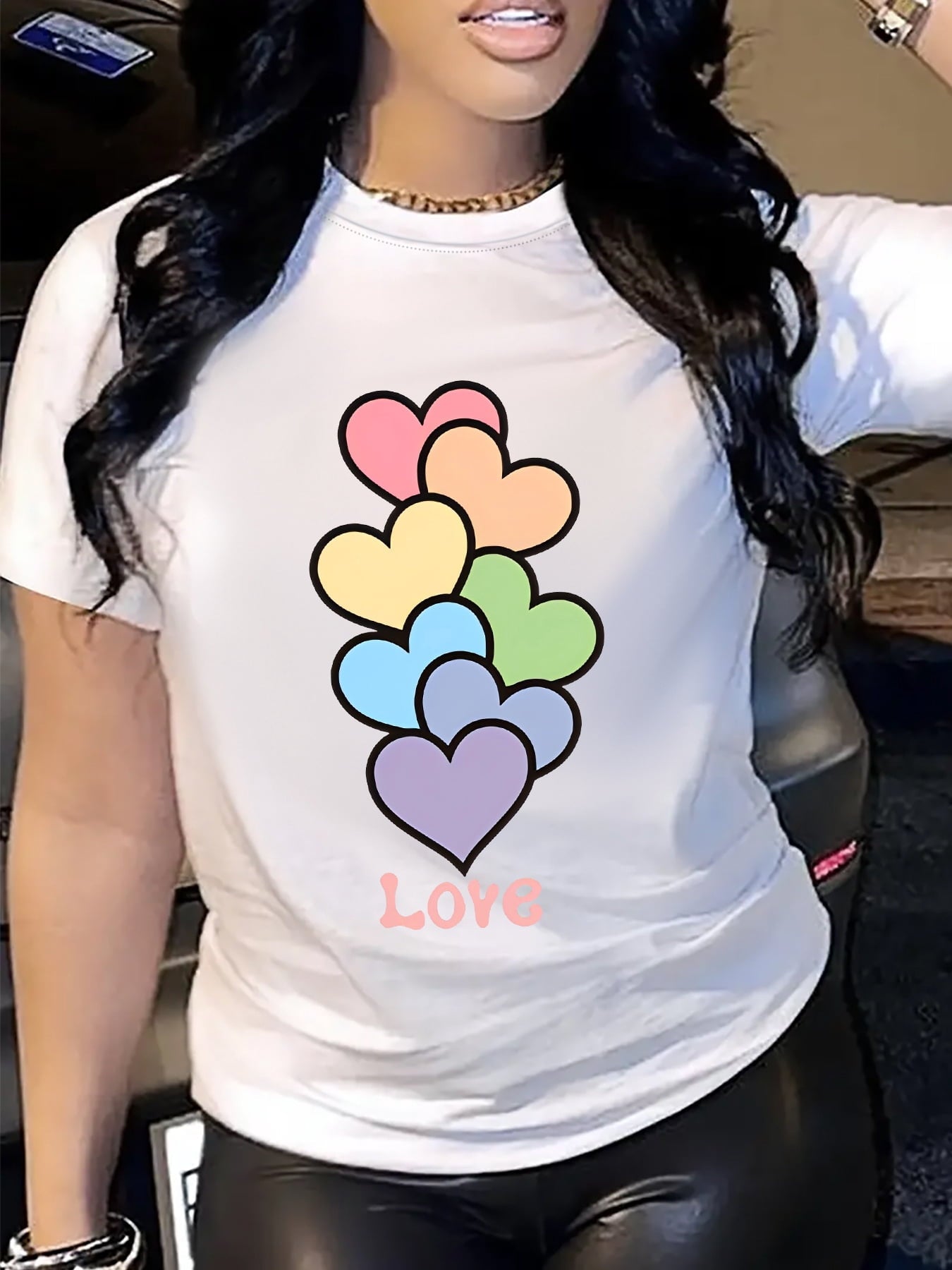 Ladies Cute Multicolor Stacked Hearts Love Print T‑Shirt, Casual Short Sleeve Crewneck Tee, Soft Breathable Top for Everyday & Vacation Outfit