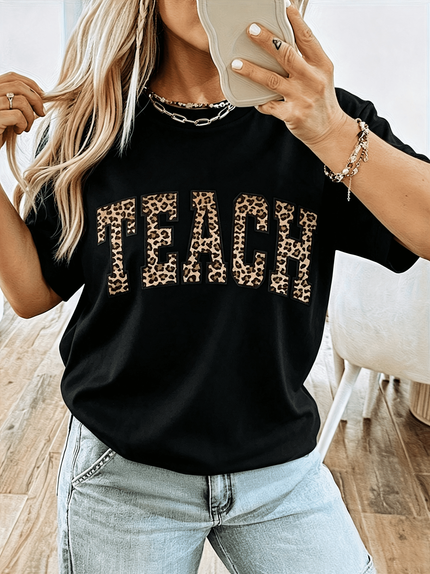 Leopard Print Teach Varsity Letter Graphic Tee, Minimalist Teacher Casual Crewneck Short Sleeve T-Shirt for Women