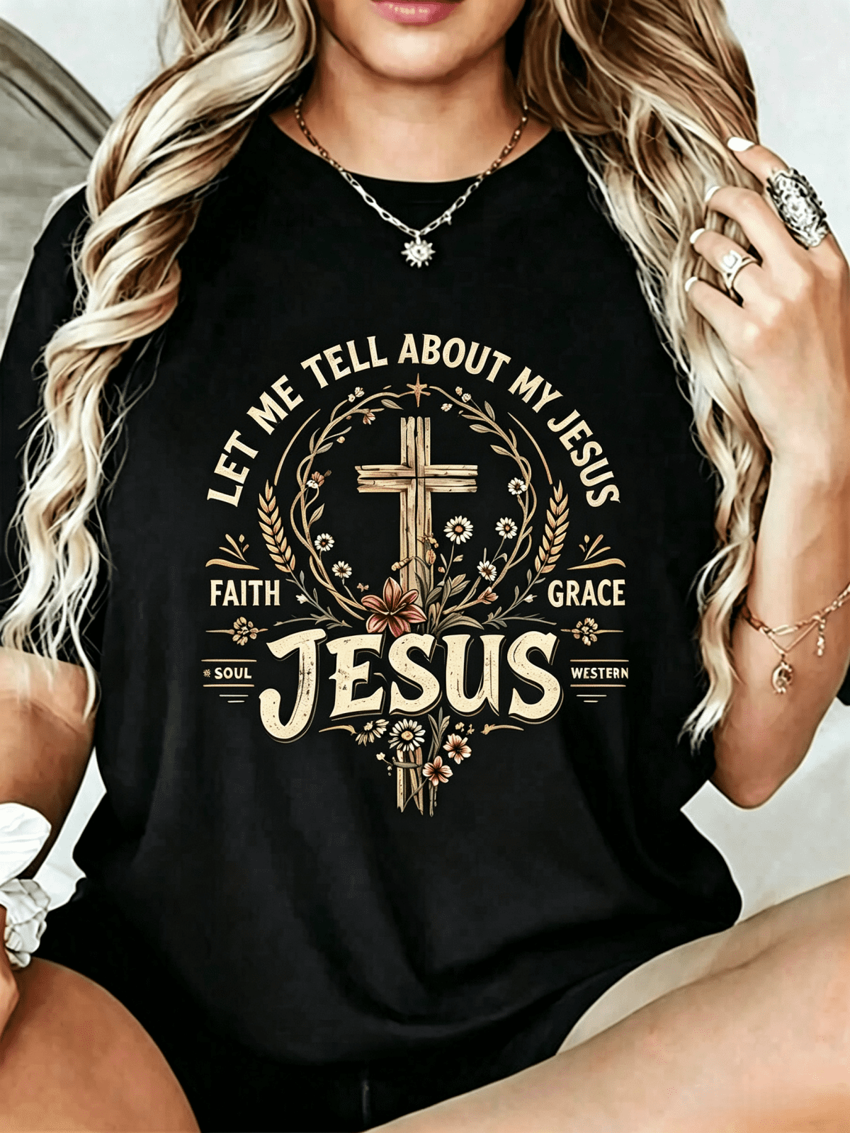 Let Me Tell About My Jesus Graphic T-Shirt Women Western Floral Cross Faith Grace Soul Vintage Christian Short Sleeve Tee