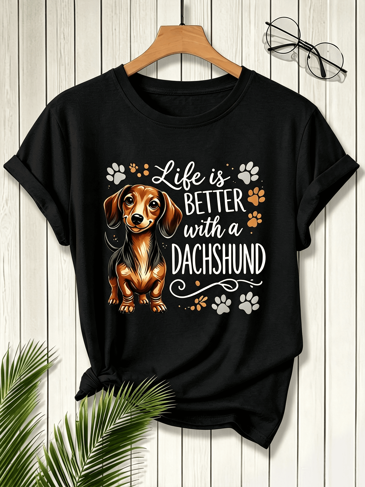 Life Is Better With A Dachshund Graphic T-Shirt, Cute Wiener Dog Paw Print Casual Short Sleeve Top For Dog Owners Pet Lovers Unisex Daily Shirt