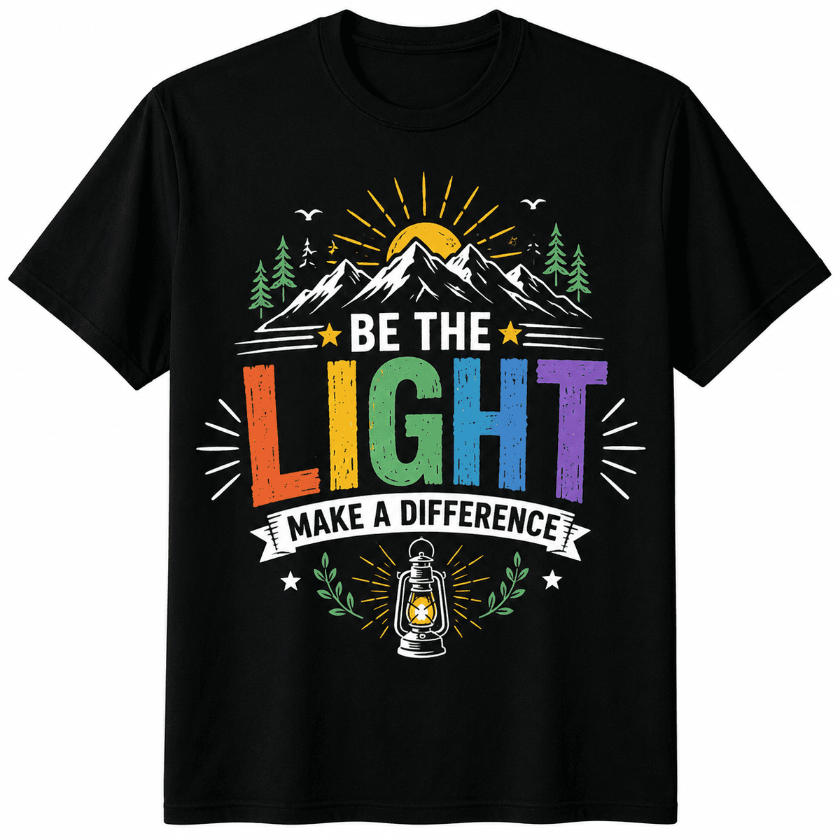 Be The Light Make A Difference Rainbow Letter Mountain Lantern Graphic T-Shirt Inspirational Vintage Pine Tree Sun Outdoor Positive Quote Casual Short Sleeve Tee