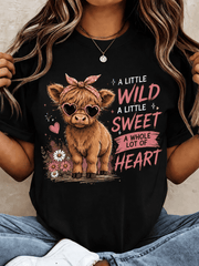 A Little Wild A Little Sweet A Whole Lot Of Heart Highland Cow Graphic T-Shirt Women Pink Bandana Heart Sunglasses Daisy Floral Country Western Farm Short Sleeve Tee