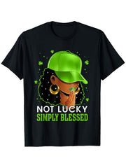 Not Lucky Simply Blessed Graphic Tee for Women, St Patricks Day Faith Quote Short Sleeve T-Shirt, Irish Shamrock Christian Crew Neck Top for Daily Wear