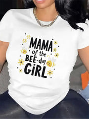 Mama of The Bee Day Birthday Graphic Tee for Women, Cute Bumble Bee Print Short Sleeve T-Shirt, Soft Casual Crew Neck Top for Party Family Celebration