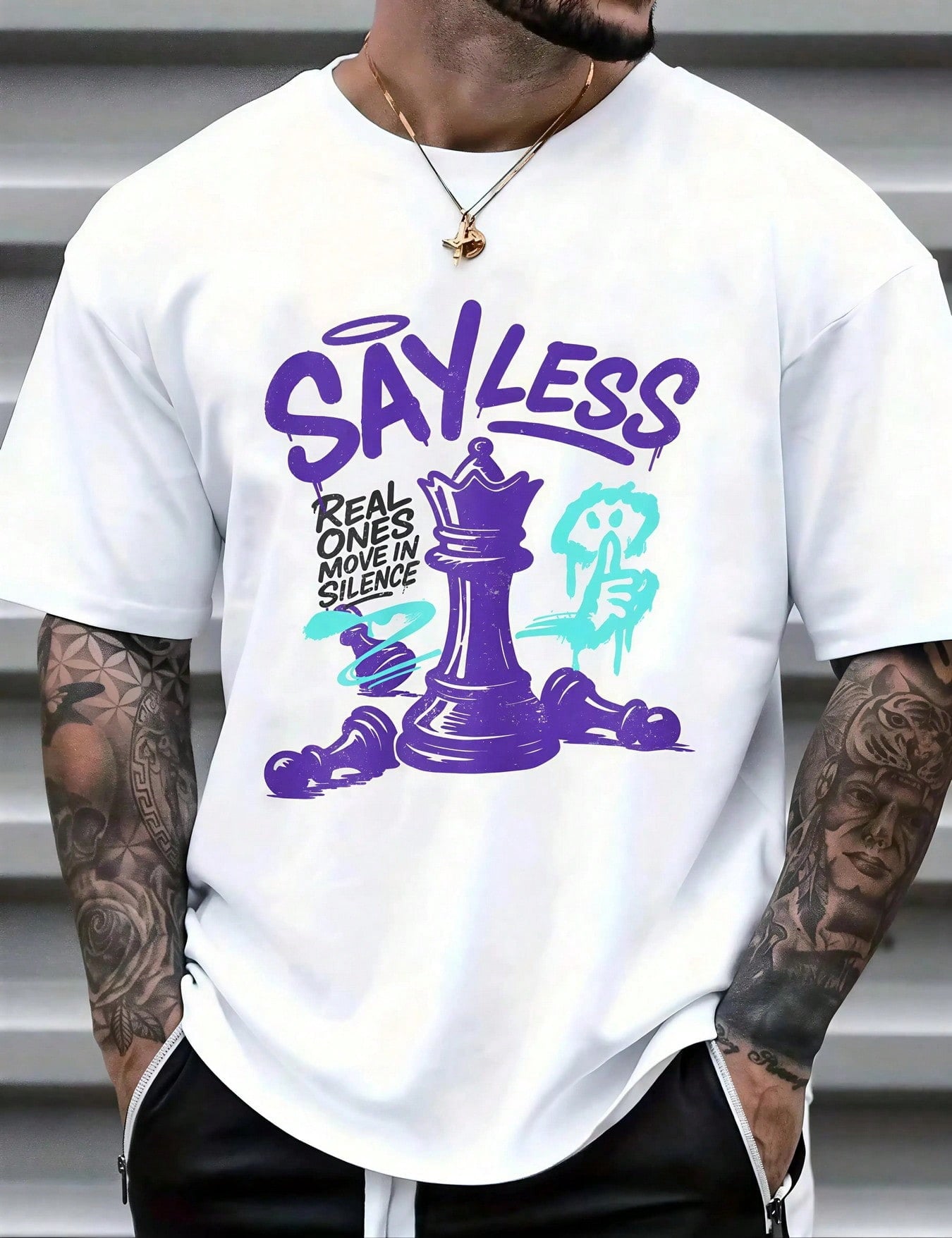 Man's Chess King Graffiti Print White TShirt Crew Neck Casual Cotton Tee Medium Stretch Knit Fabric Regular Fit For Boys Man