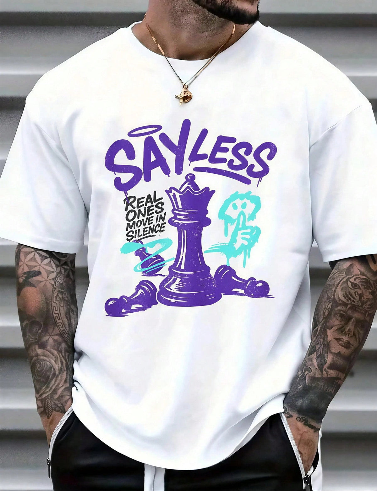 Man's Chess King Graffiti Print White TShirt Crew Neck Casual Cotton Tee Medium Stretch Knit Fabric Regular Fit For Boys Man