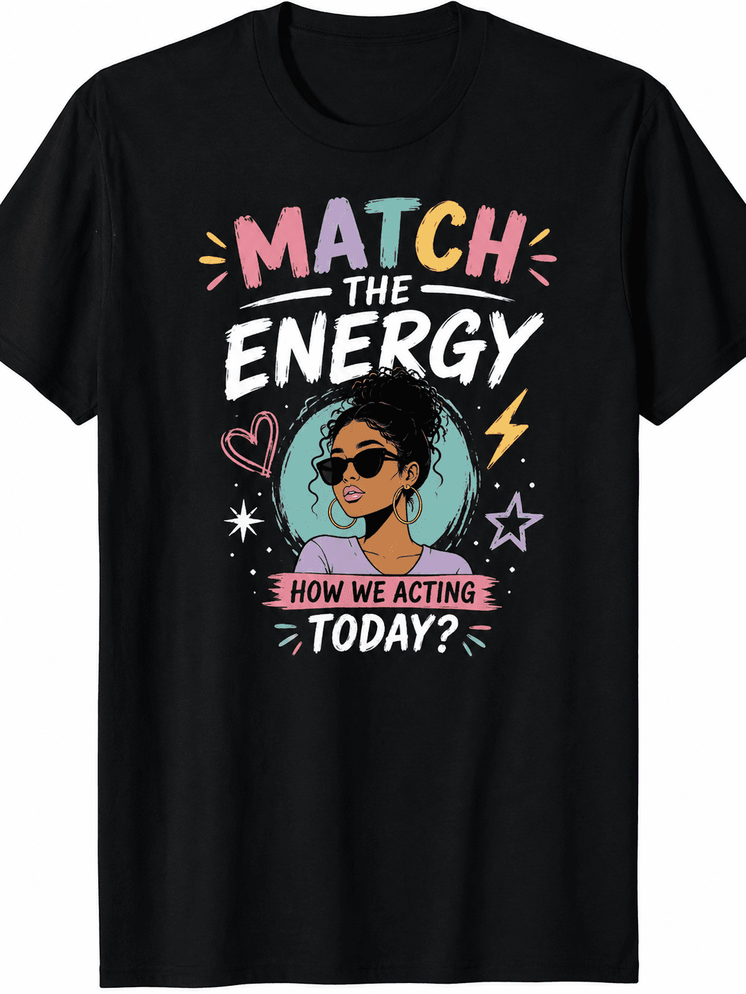 Match the Energy Graphic T-Shirt for Women, Retro Positive Vibes Inspirational Quote Tee, Casual Short Sleeve Crewneck Top