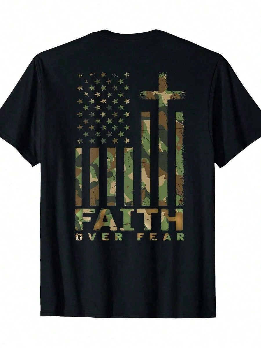 Men Clothes Men's Faith Over Fear Christian T-Shirt - American Flag & Cross Military Design