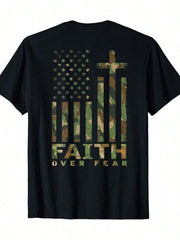 Men Clothes Men's Faith Over Fear Christian T-Shirt - American Flag & Cross Military Design