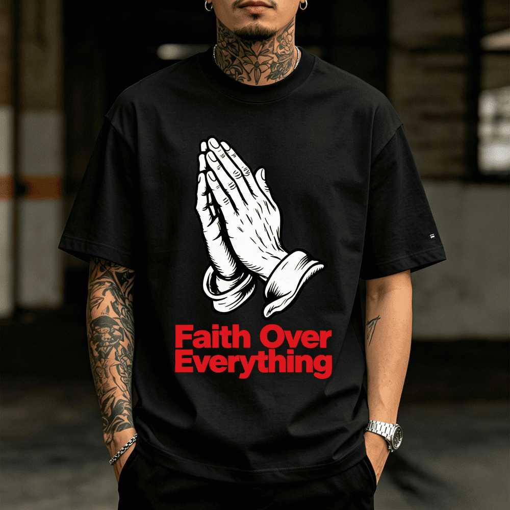 Men Faith Over Everything Praying Hands Graphic T-Shirt, Crew Neck Short Sleeve Cotton Tee, Inspirational Christian Religious Casual Top for Daily Church Summer Wear