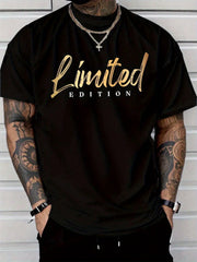 Men Limited Edition Golden Letter Print T-Shirt Regular Fit Round Neck Short Sleeve Summer Tee With Limited Edition Text