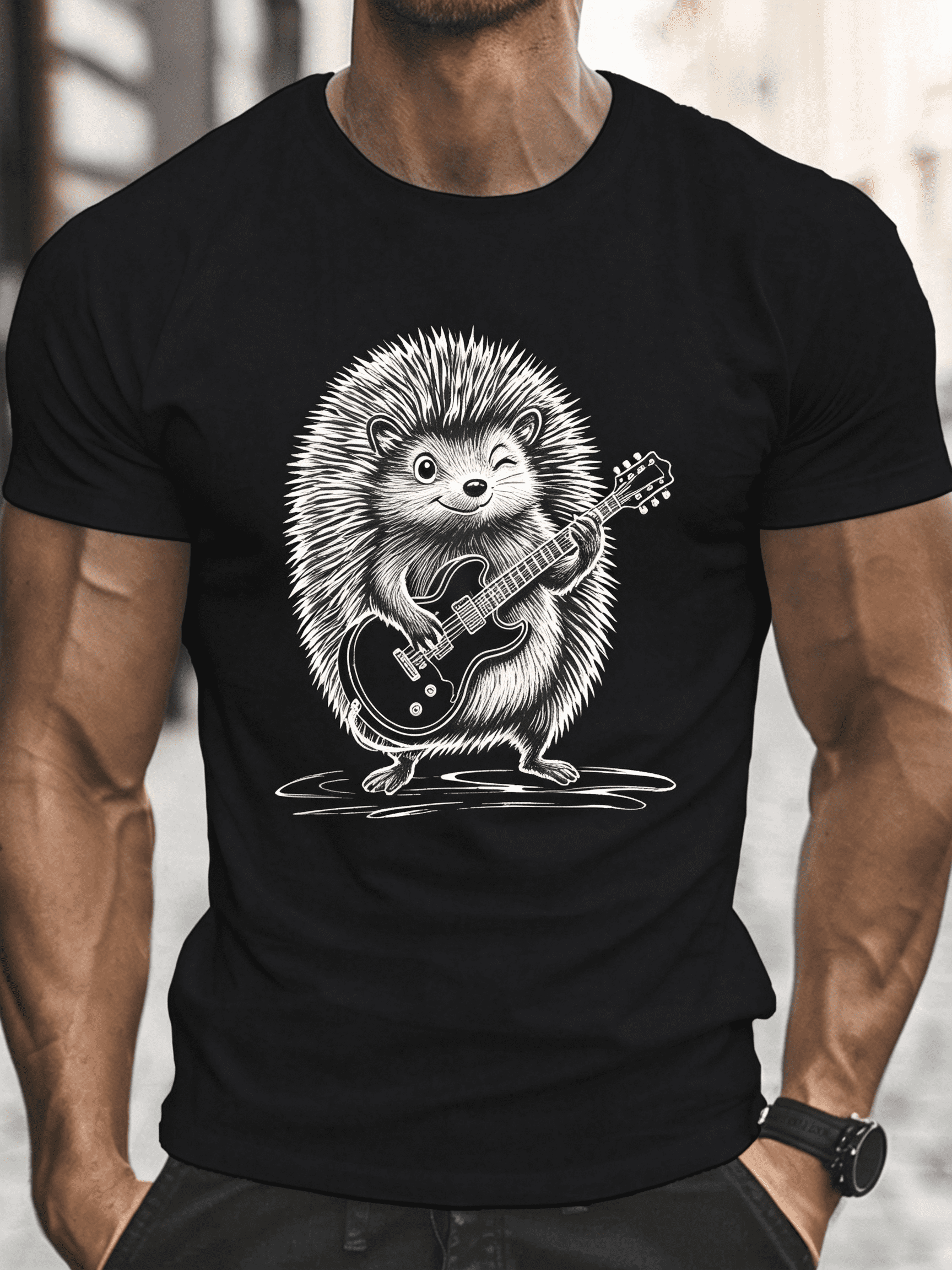 Men'S Casual Hedgehog Guitar Print TShirt Crew Neck Short Sleeve Top