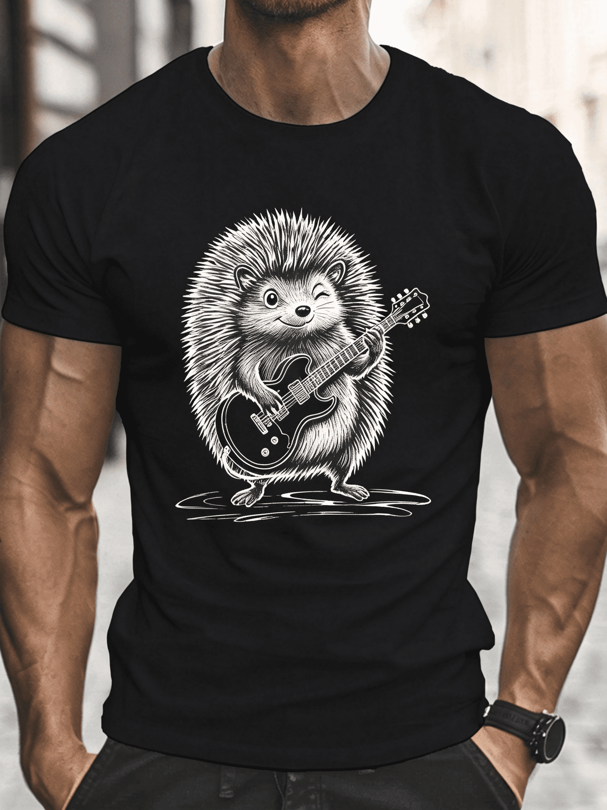 Men'S Casual Hedgehog Guitar Print TShirt Crew Neck Short Sleeve Top