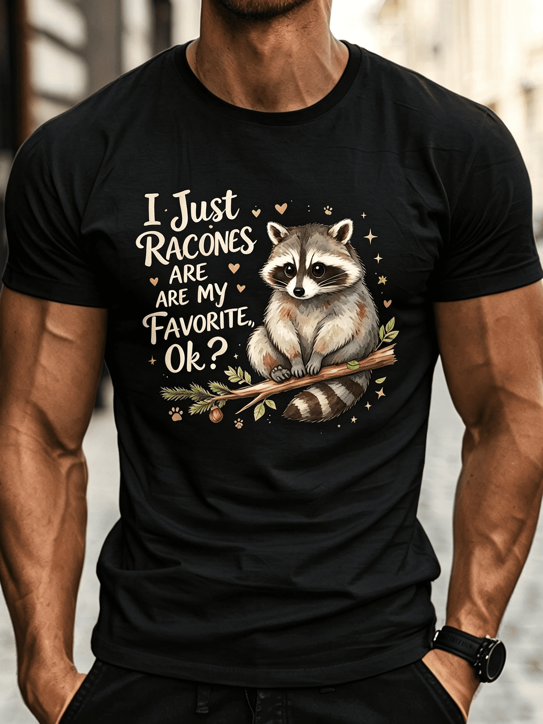 Men'S Casual Round Neck T-Shirt Tee with Raccoon Pinecone Print, Geometric Pattern, Regular Fit, for Daily Wear