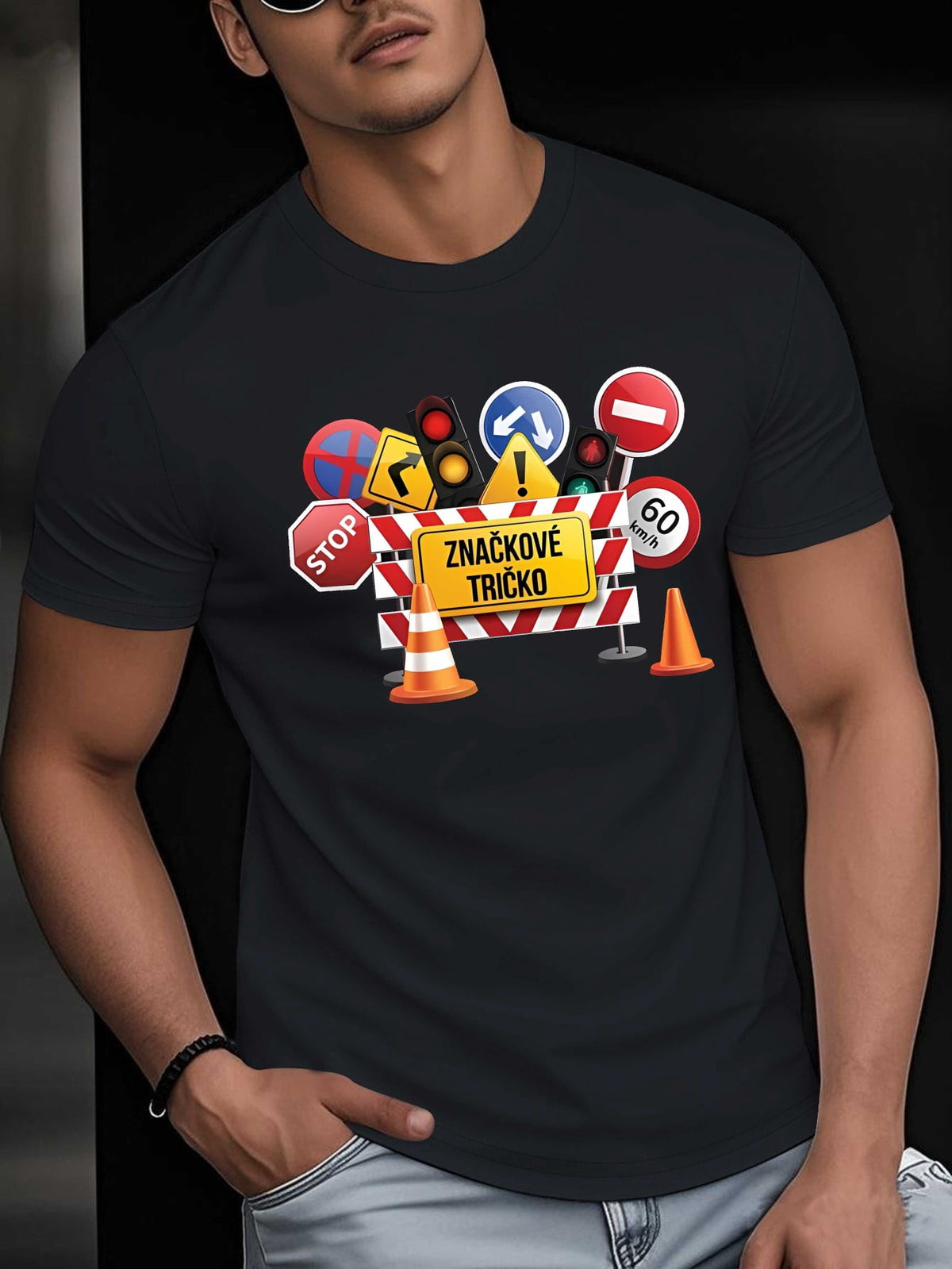 Men'S Comical Slovak Language TShirt Witty Slovak Expressions Traffic Sign Design Featuring Znackové Tricko (Trick) Crew Neck Short Sleeve Shirt
