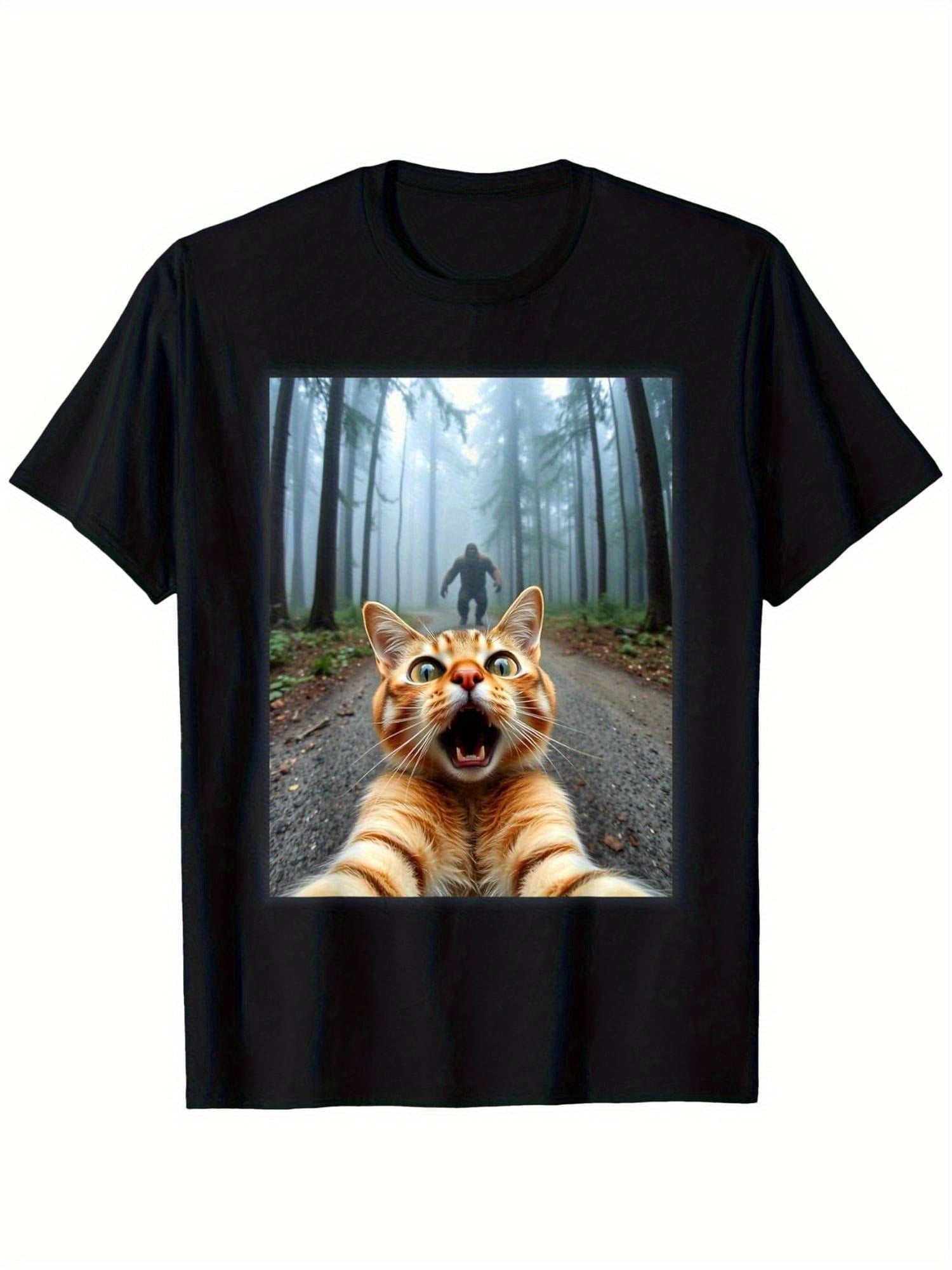 Men'S Funny Cat Selfie & Sasquatch Graphic Tee, Crew Neck Short Sleeve, Weekend Casual Wear, Summer All-season Casual Wear