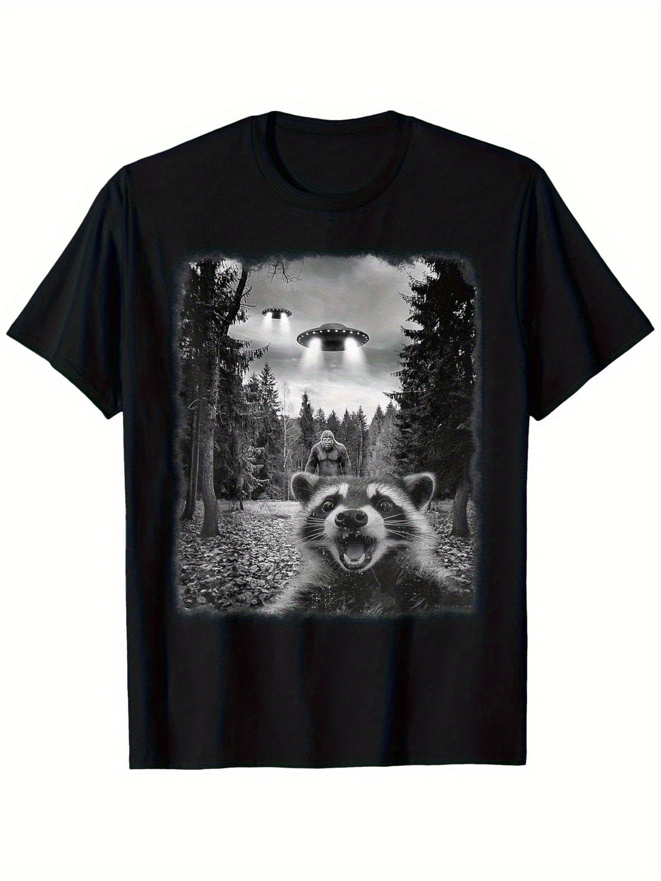 Men'S Funny Sasquatch Raccoon Graphic T-Shirt, Casual Round Neck Short Sleeve Tee with UFO Design