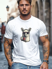 Men'S Sunglasses And Coffee Drinking Alpaca Pattern Summer Casual Round Neck Short Sleeve T-Shirt
