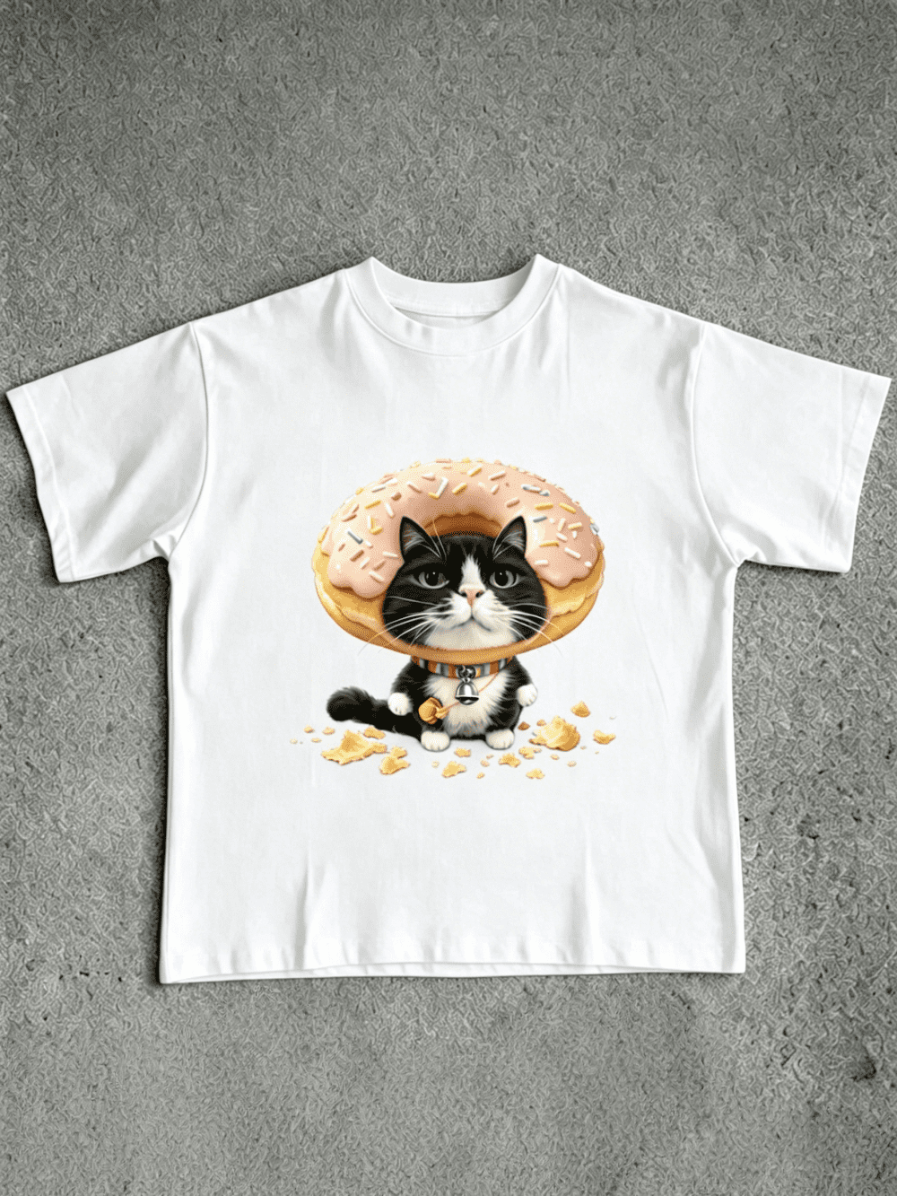 Men Women Cute Black White Cat Donut Graphic T-Shirt, Funny Sprinkles Pink Donut Kitten Bell Collar Cartoon Short Sleeve Tee