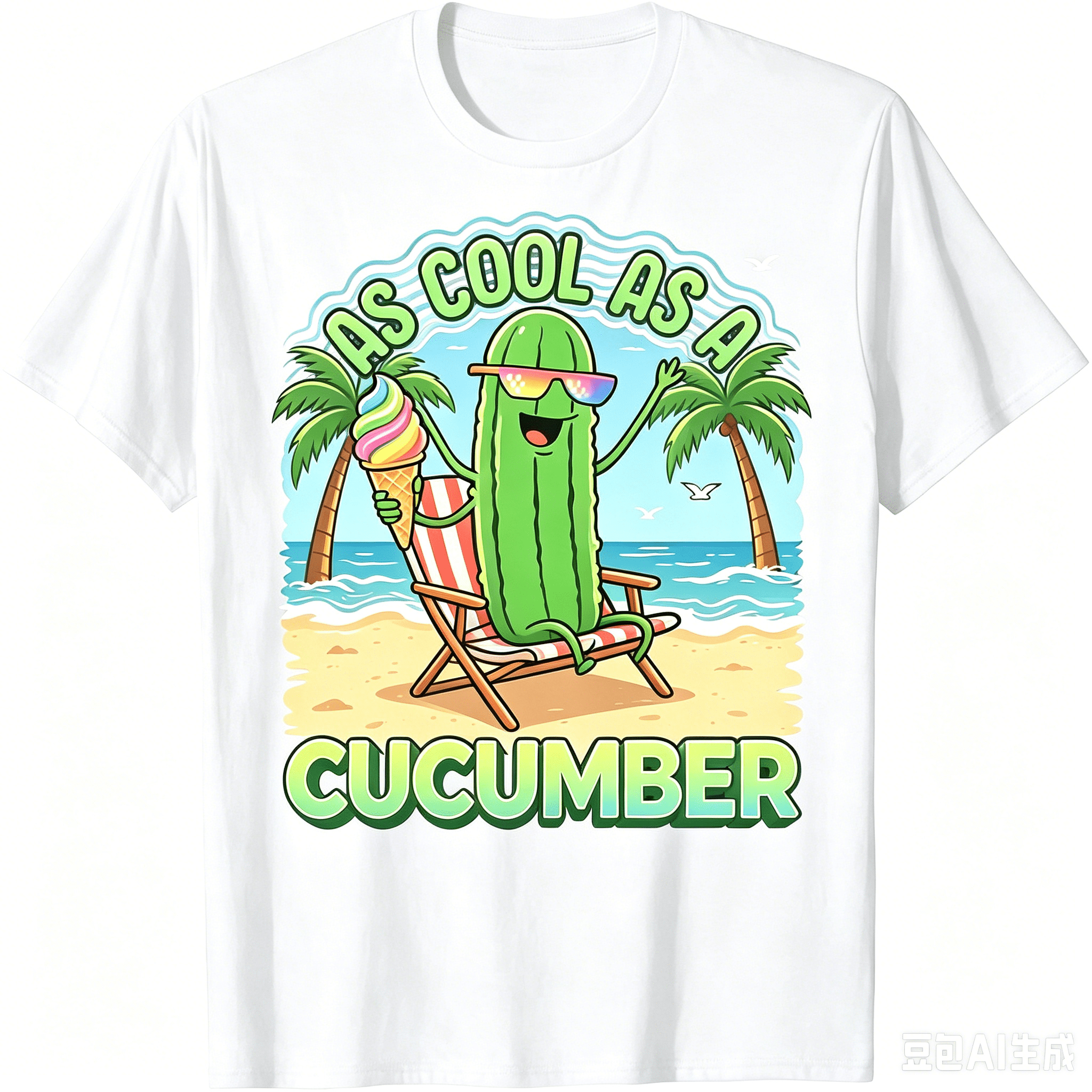 Men Women Funny As Cool As A Cucumber Beach T-Shirt, Summer Vacation Cartoon Cucumber Ice Cream Graphic Short Sleeve Tee