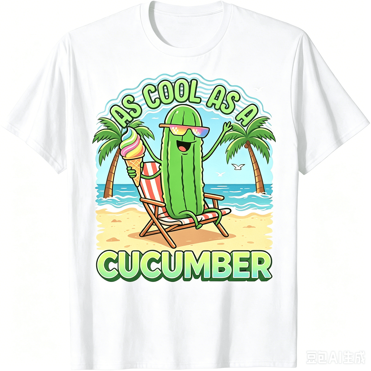 Men Women Funny As Cool As A Cucumber Beach T-Shirt, Summer Vacation Cartoon Cucumber Ice Cream Graphic Short Sleeve Tee