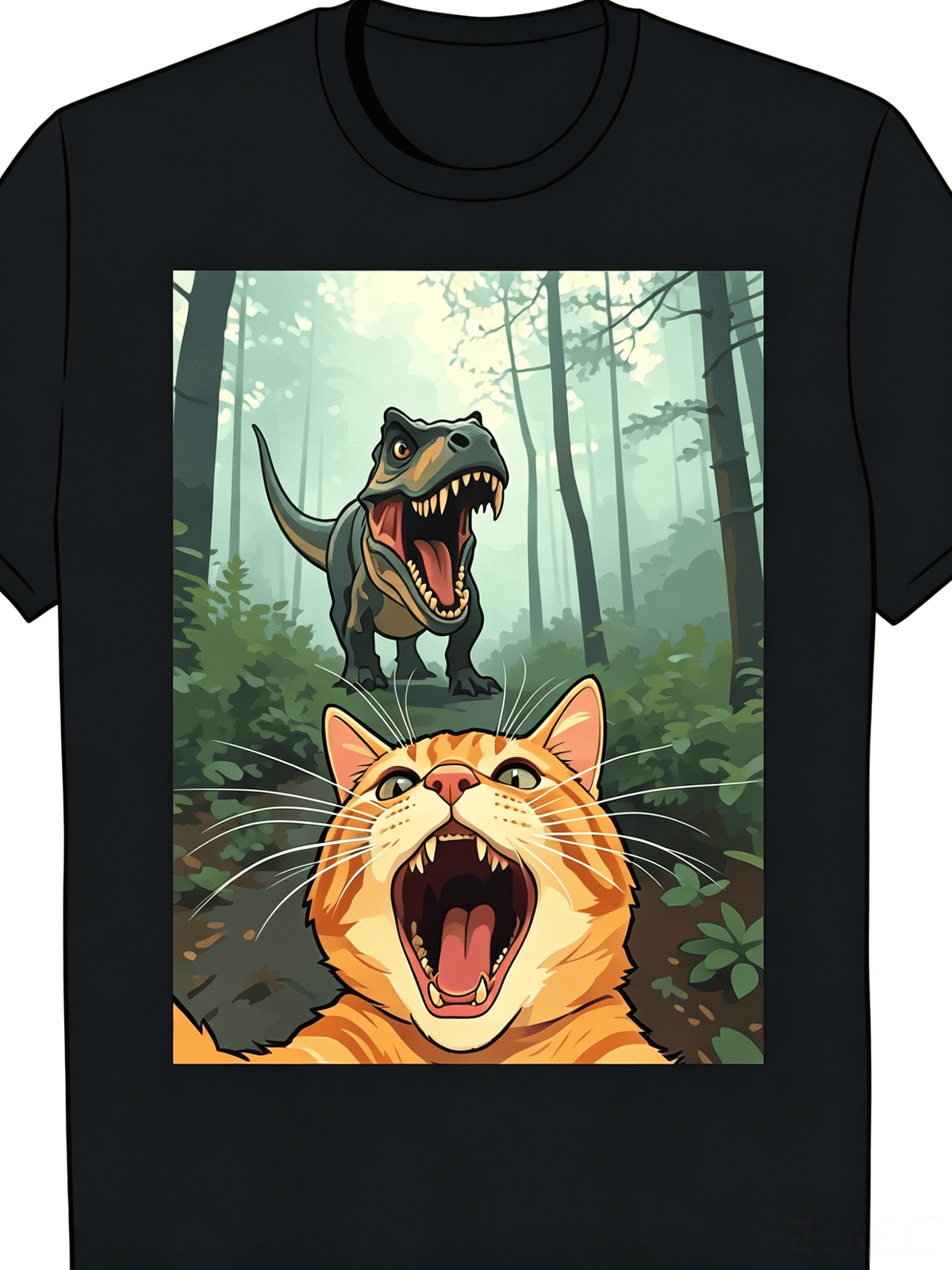 Men Women Funny Cat Dinosaur Selfie Graphic Tee Casual Short Sleeve Animal Lover T-Shirt
