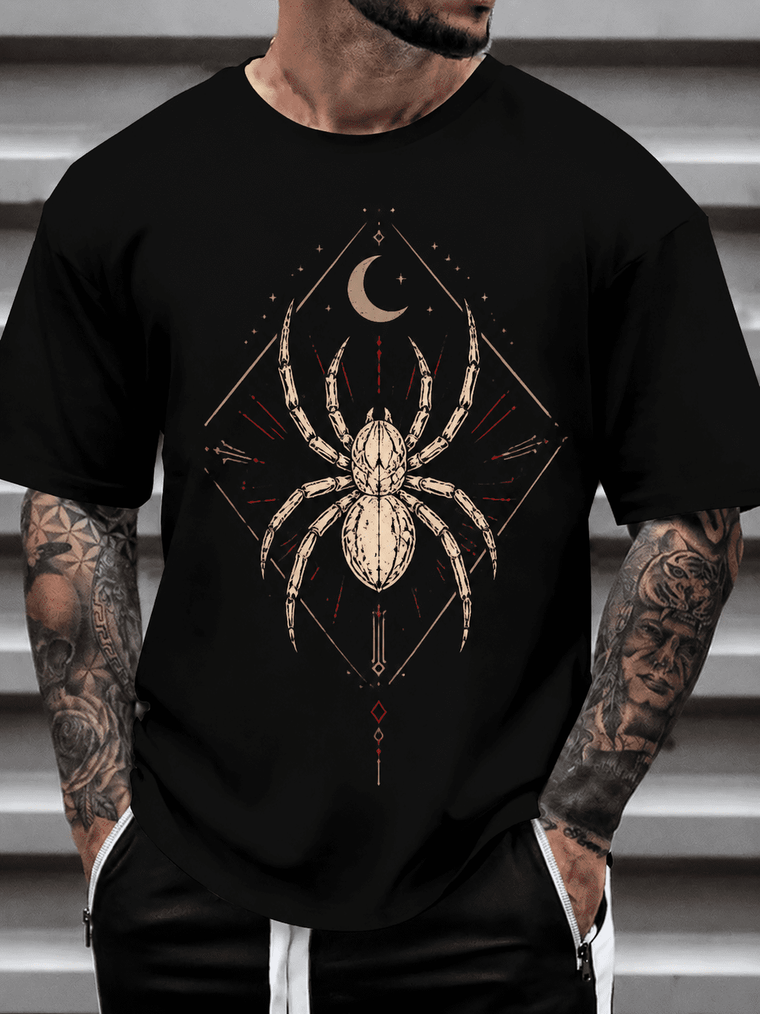 Men Women Gothic Spider Crescent Moon Graphic T-Shirt, Vintage Occult Celestial Star Geometric Diamond Short Sleeve Tee