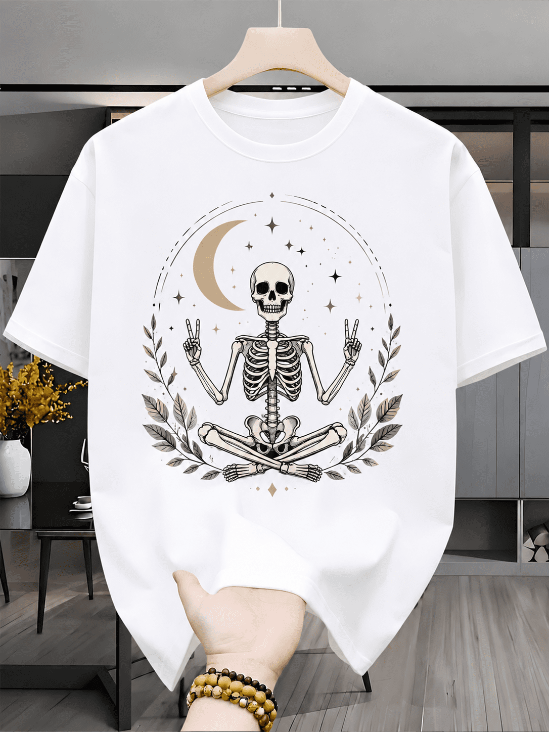 Men Women Meditating Skeleton Peace Sign Graphic T-Shirt, Vintage Boho Crescent Moon Star Leaf Wreath Gothic Short Sleeve Tee