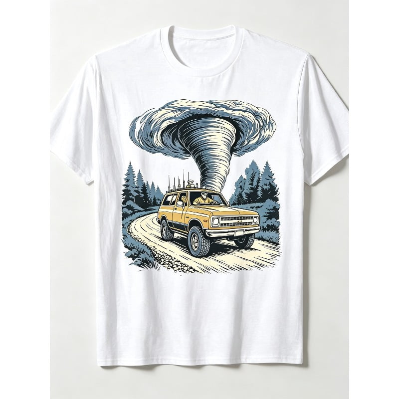 Men Women Retro Chaser Graphic T-Shirt, Tornado Hunter Off-Road Vehicle Nature Weather Lover Short Sleeve Casual Daily Tee