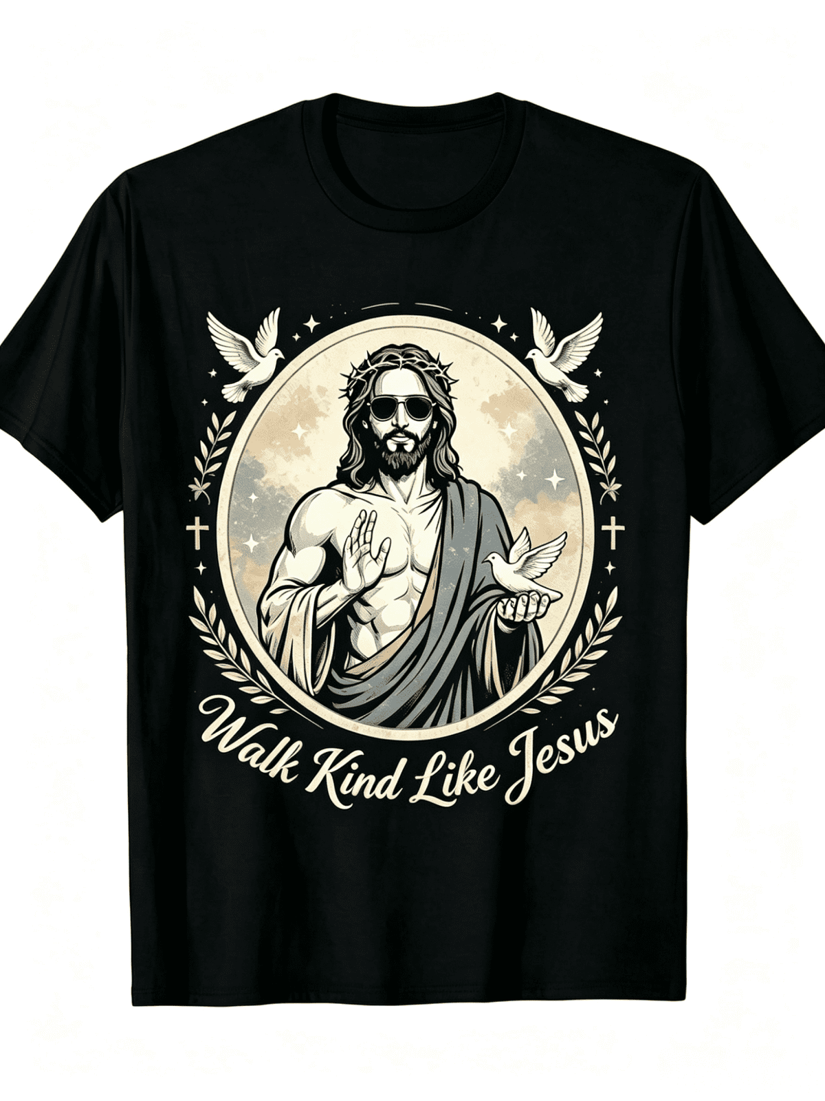 Men Women Soft Crew Neck Short Sleeve Cotton T-Shirt, Vintage Circular Frame Walk Kind Like Jesus Sunglasses Crown of Thorns Dove Olive Branch Cross Religious Graphic Casual Daily Tee