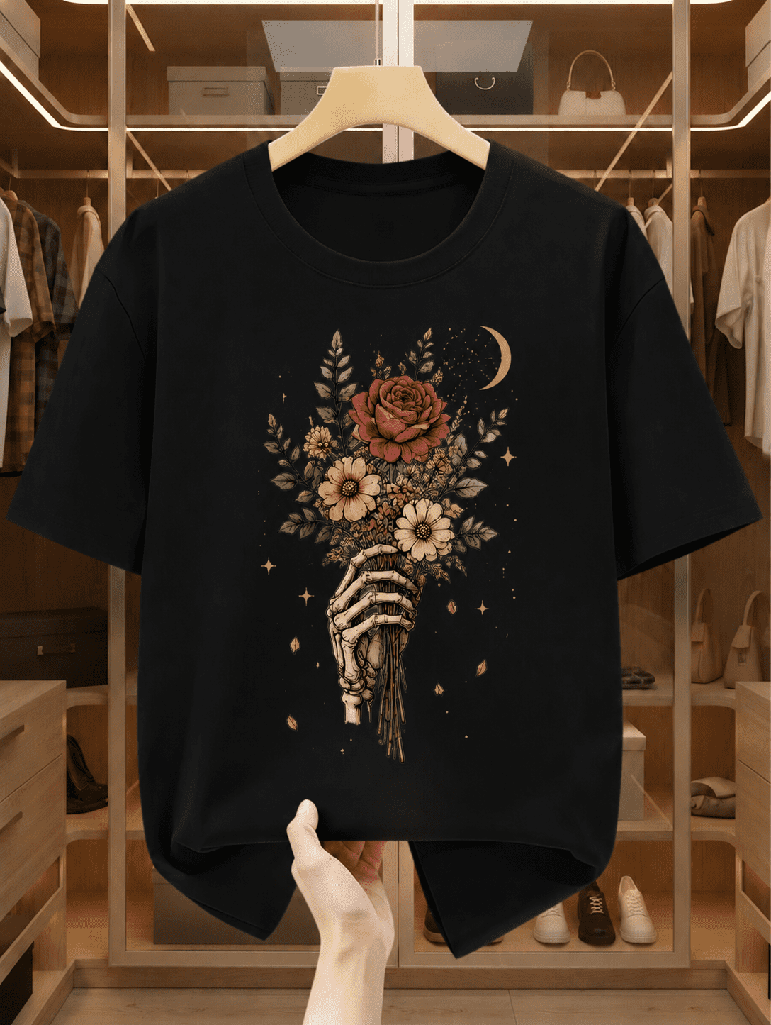 Men Women Vintage Skeleton Hand Holding Wildflower Bouquet T-Shirt, Gothic Dark Academia Rose Moon Star Floral Graphic Short Sleeve Tee
