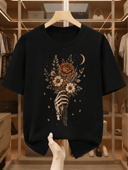 Men Women Vintage Skeleton Hand Holding Wildflower Bouquet T-Shirt, Gothic Dark Academia Rose Moon Star Floral Graphic Short Sleeve Tee